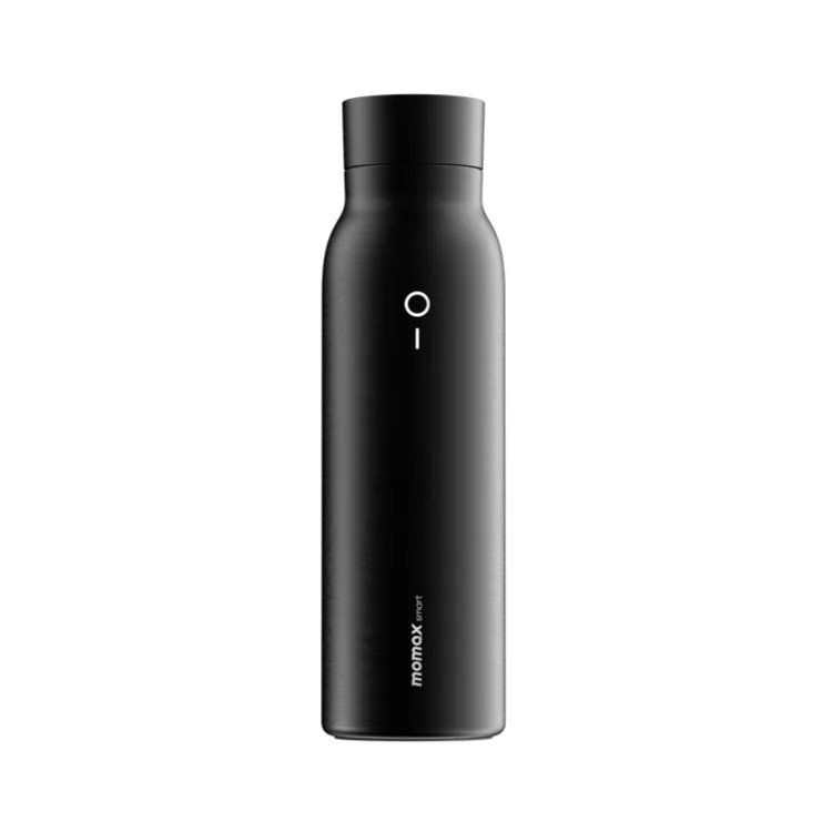 A sleek black smart water bottle.